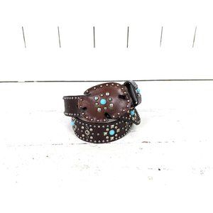 Brown silver studded faux leather western buckle belt